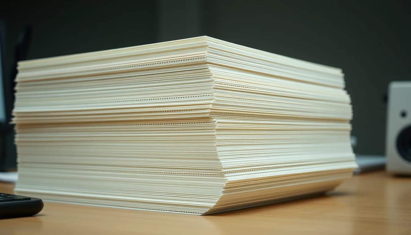 A thick stack of blank continuous feed computer paper on a desk, illustrating the automated matching programme that produces a CP2000 notice without any examiner reading your return.