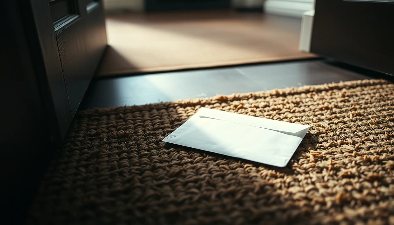 A single sealed white envelope lying face down on a doormat inside a front door, illustrating the annual IRS identity protection PIN notice that goes to an old address.