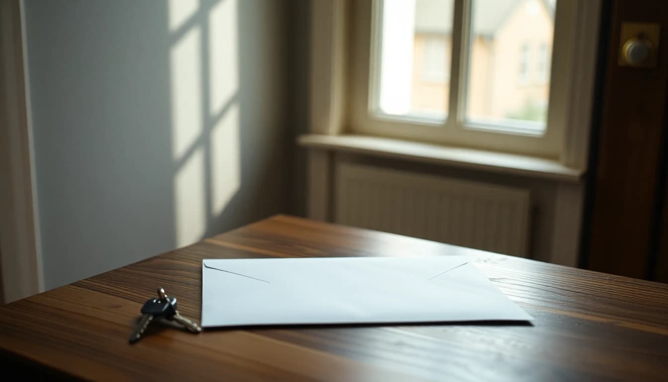 An unopened white envelope beside a set of keys on a hall table