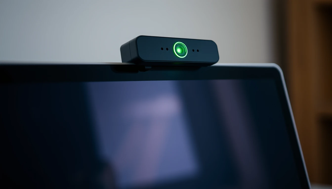 A laptop webcam with its indicator light glowing above a dark screen, illustrating the video identity verification needed for an IRS online account from Britain.