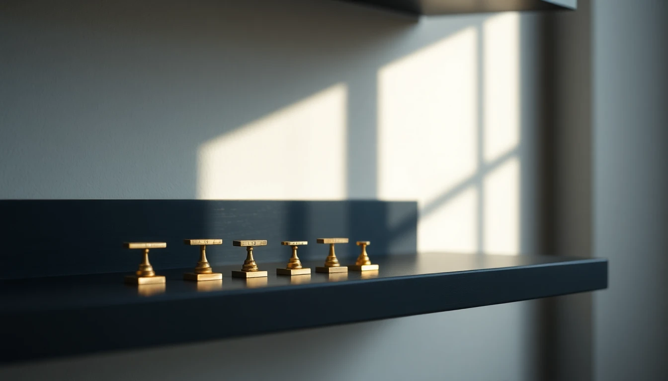 A row of small brass weights lined up in order of size along a dark shelf