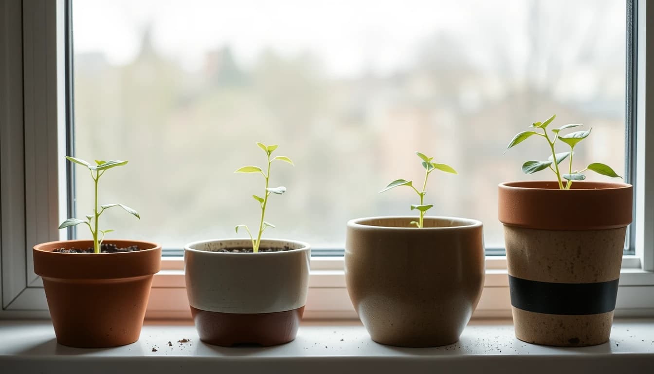 Four different plant pots on a British windowsill, each holding a seedling at a different stage, illustrating the investment routes that work as ISA alternatives for Americans.