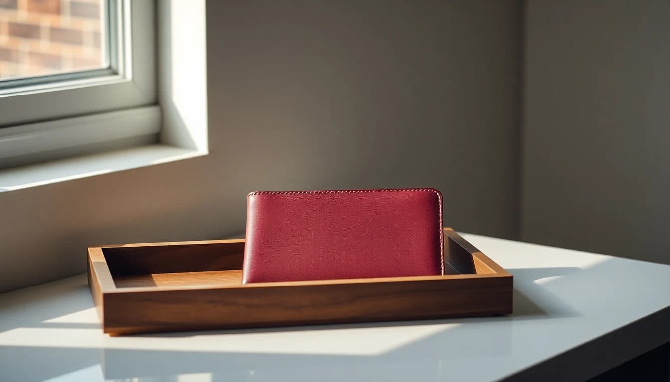 A closed burgundy document wallet sitting alone in a wooden tray on a counter