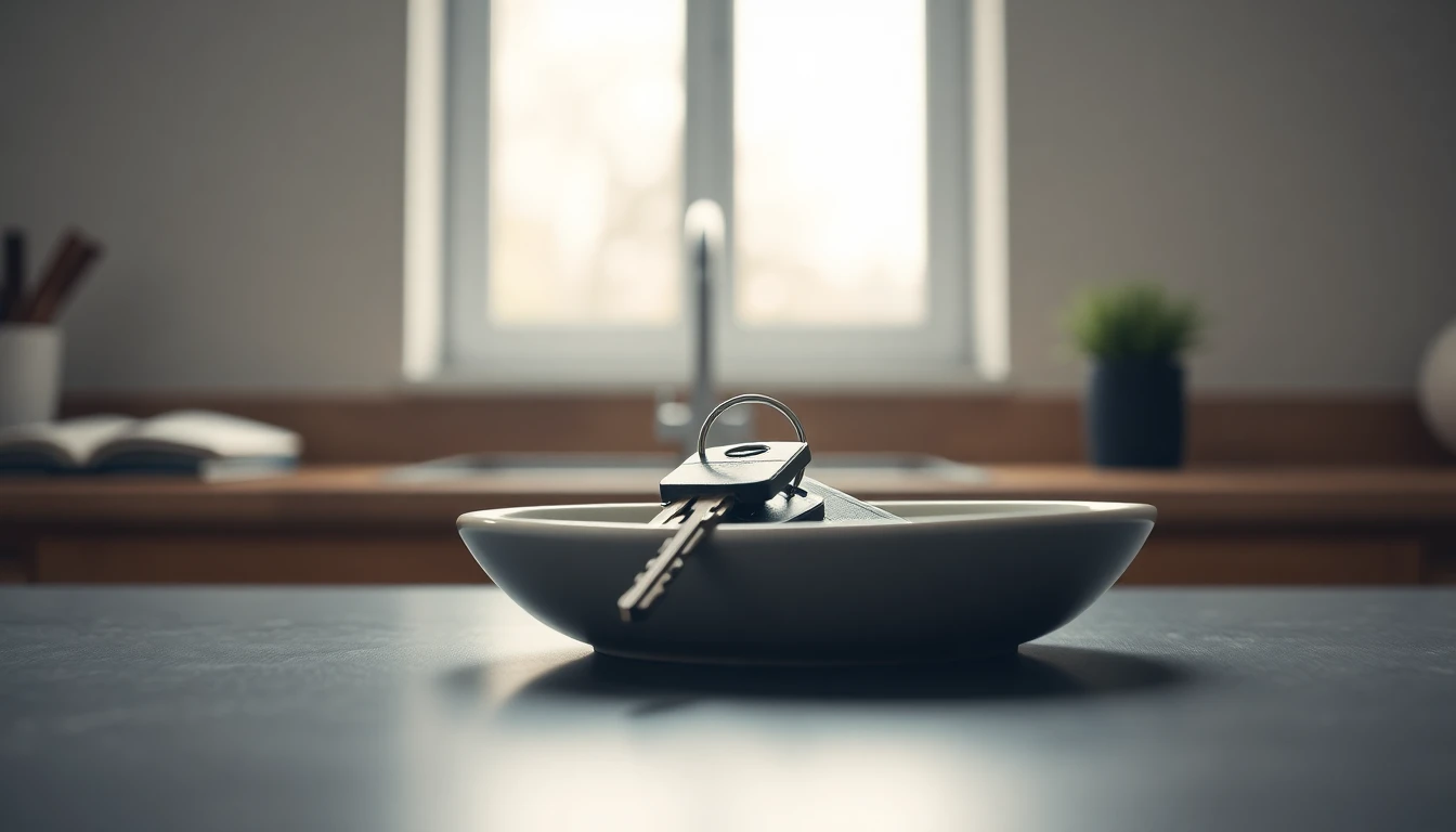 A single set of keys resting in a shared ceramic bowl on a kitchen counter, illustrating the pooled finances of a US UK couple holding joint accounts.