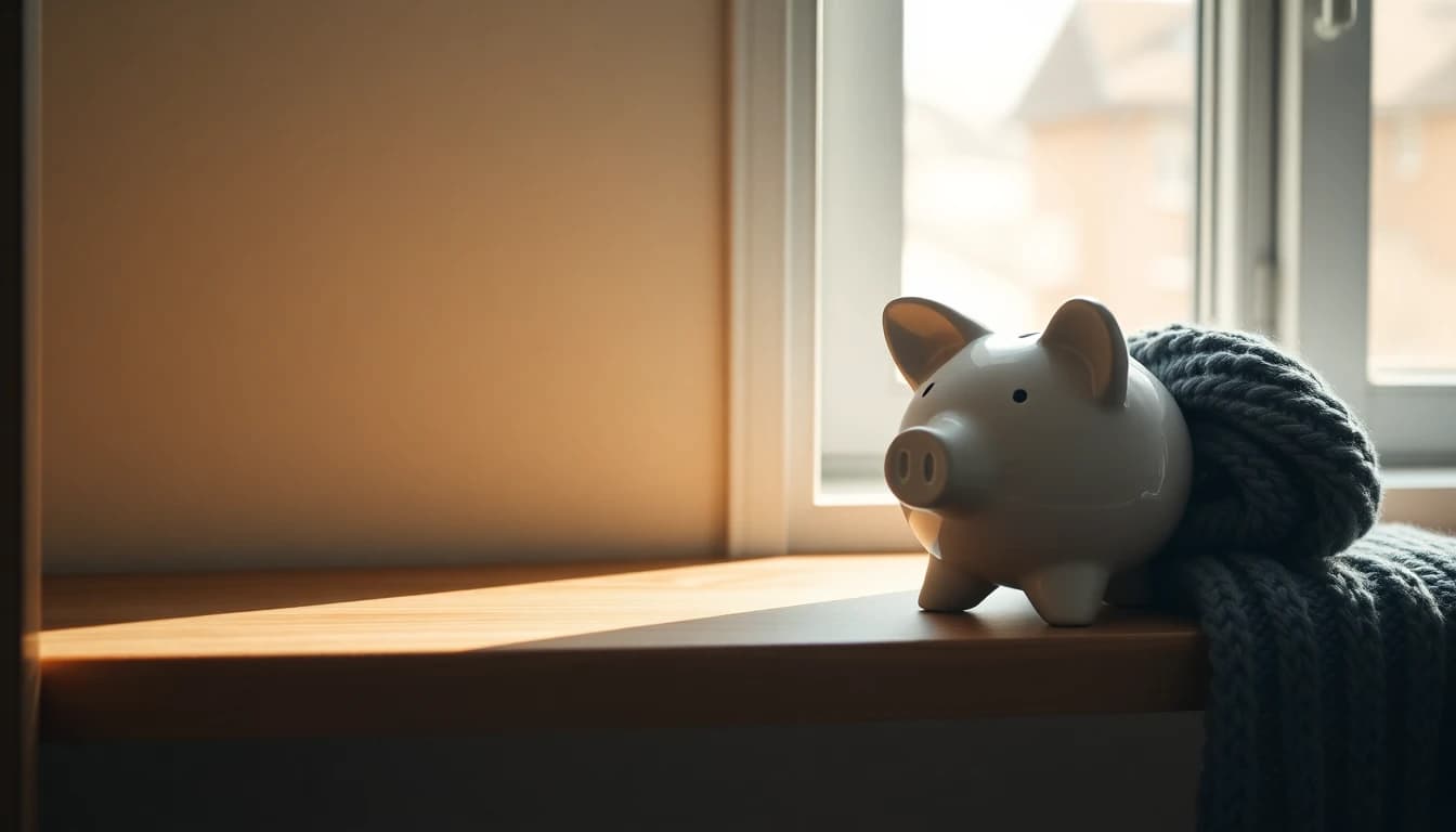 A ceramic piggy bank on a sunlit wooden windowsill beside a folded knitted blanket