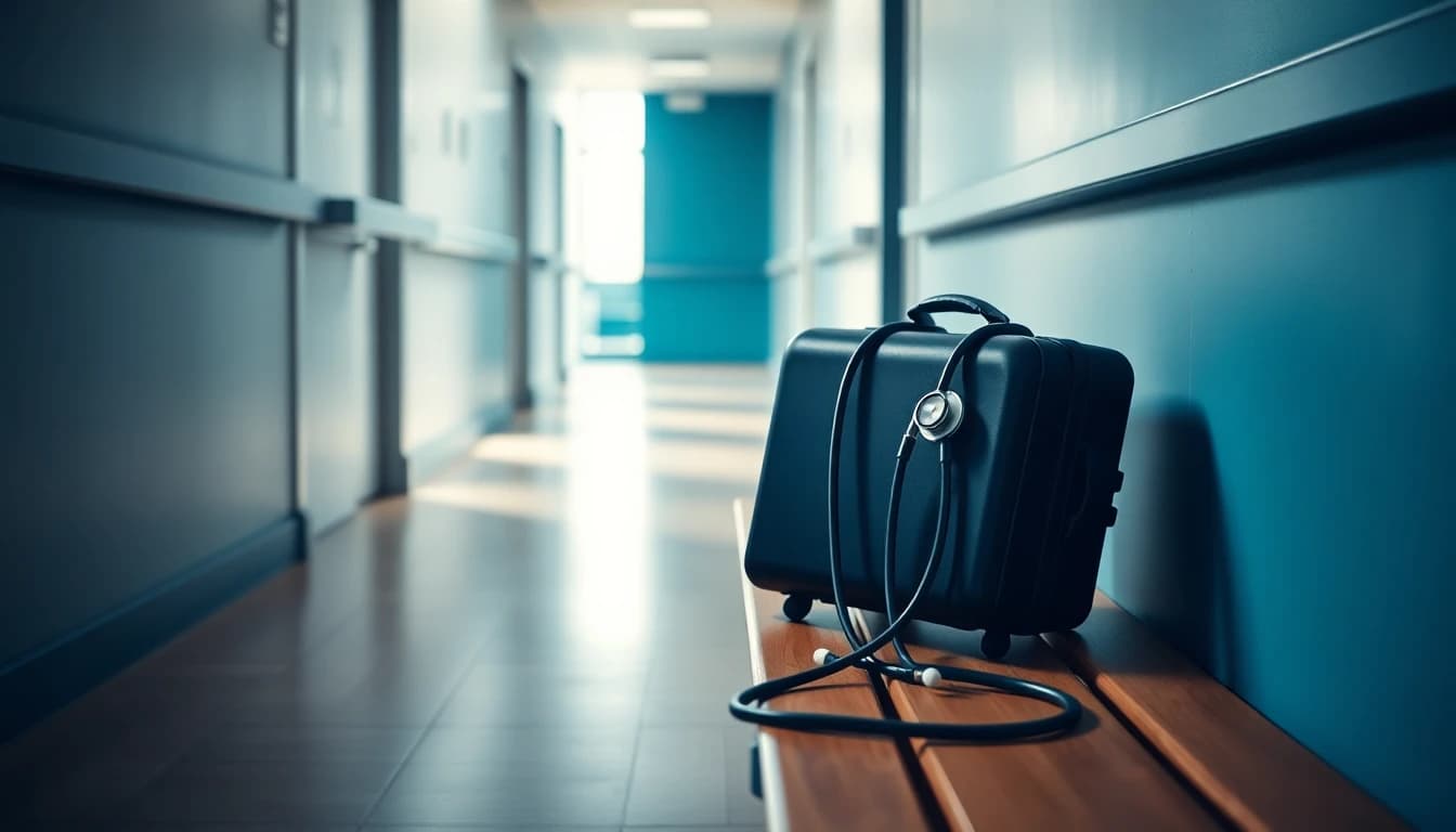 A stethoscope and a small cabin suitcase on a wooden bench in an empty hospital corridor