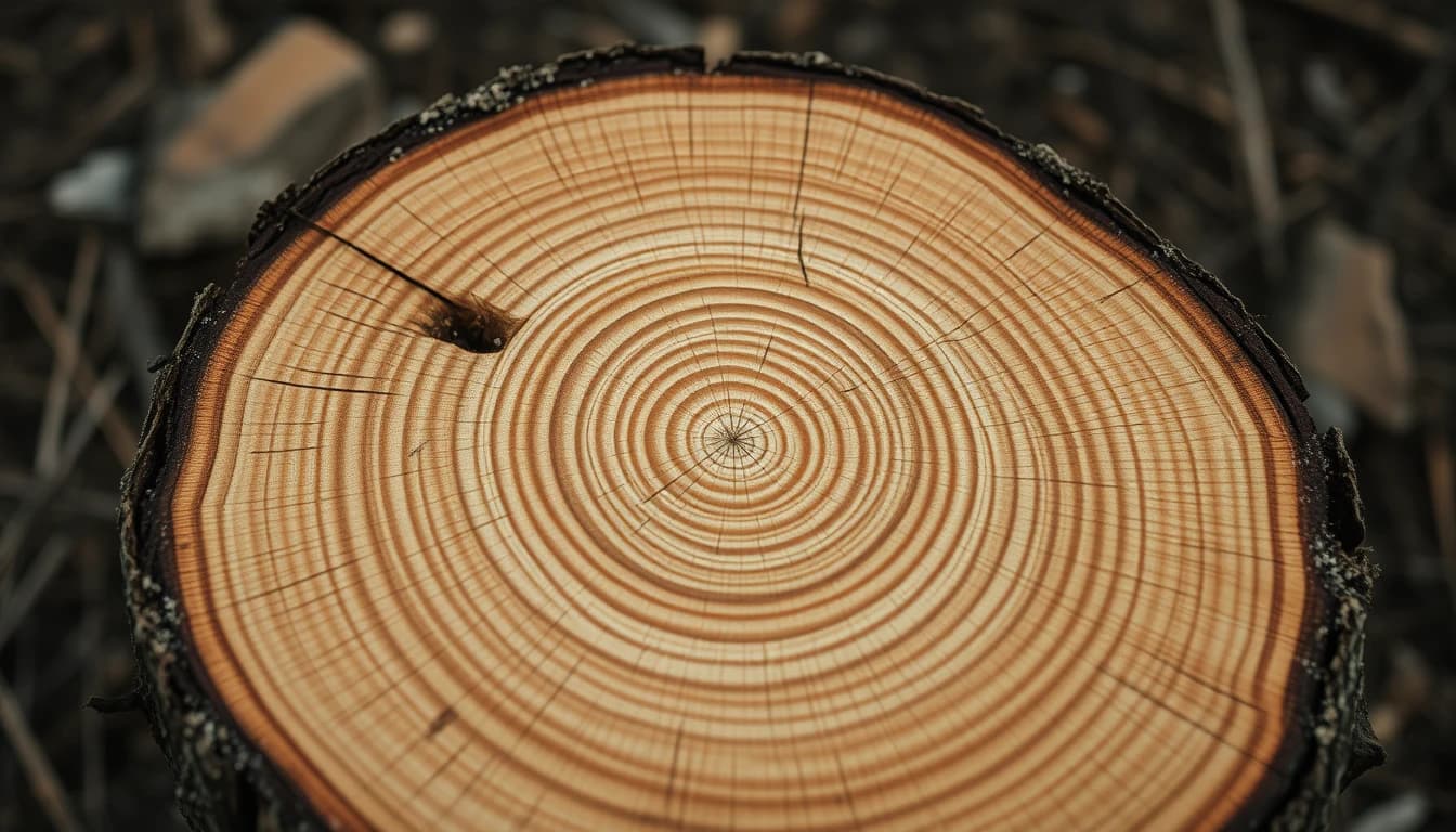 A freshly cut tree stump showing its concentric annual growth rings, illustrating the count of resident years that decides long term residence for UK inheritance tax.