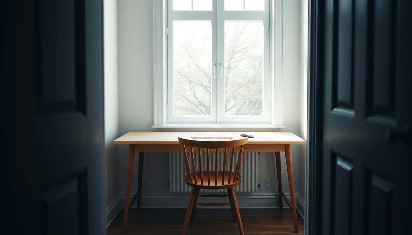 An empty desk and chair by a bright sash window seen from a doorway