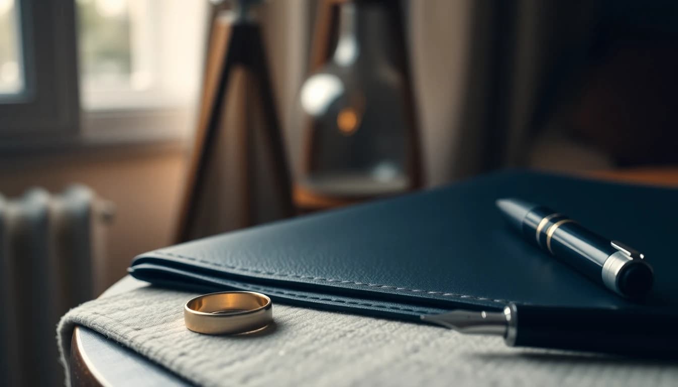 A gold wedding ring beside a closed leather document folder and a fountain pen on a linen-covered table