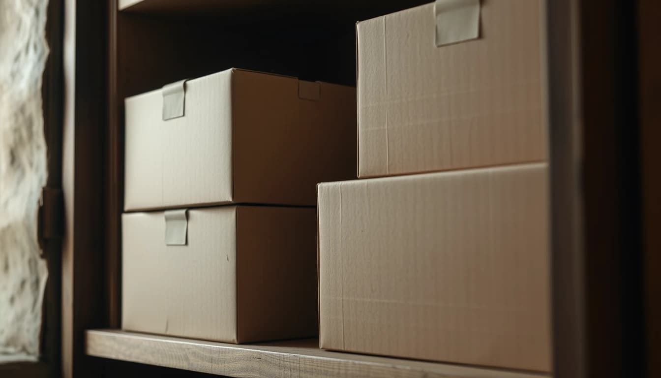 Plain unmarked cardboard archive boxes on a wooden shelf with a dark gap beside them, illustrating the missing records behind a six year catch up filing.