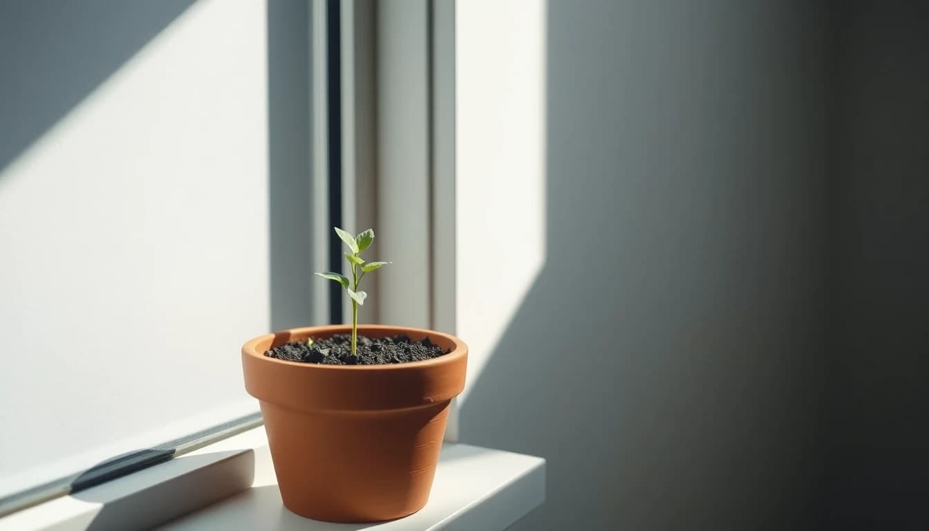 A single green shoot in a terracotta pot on a bright windowsill