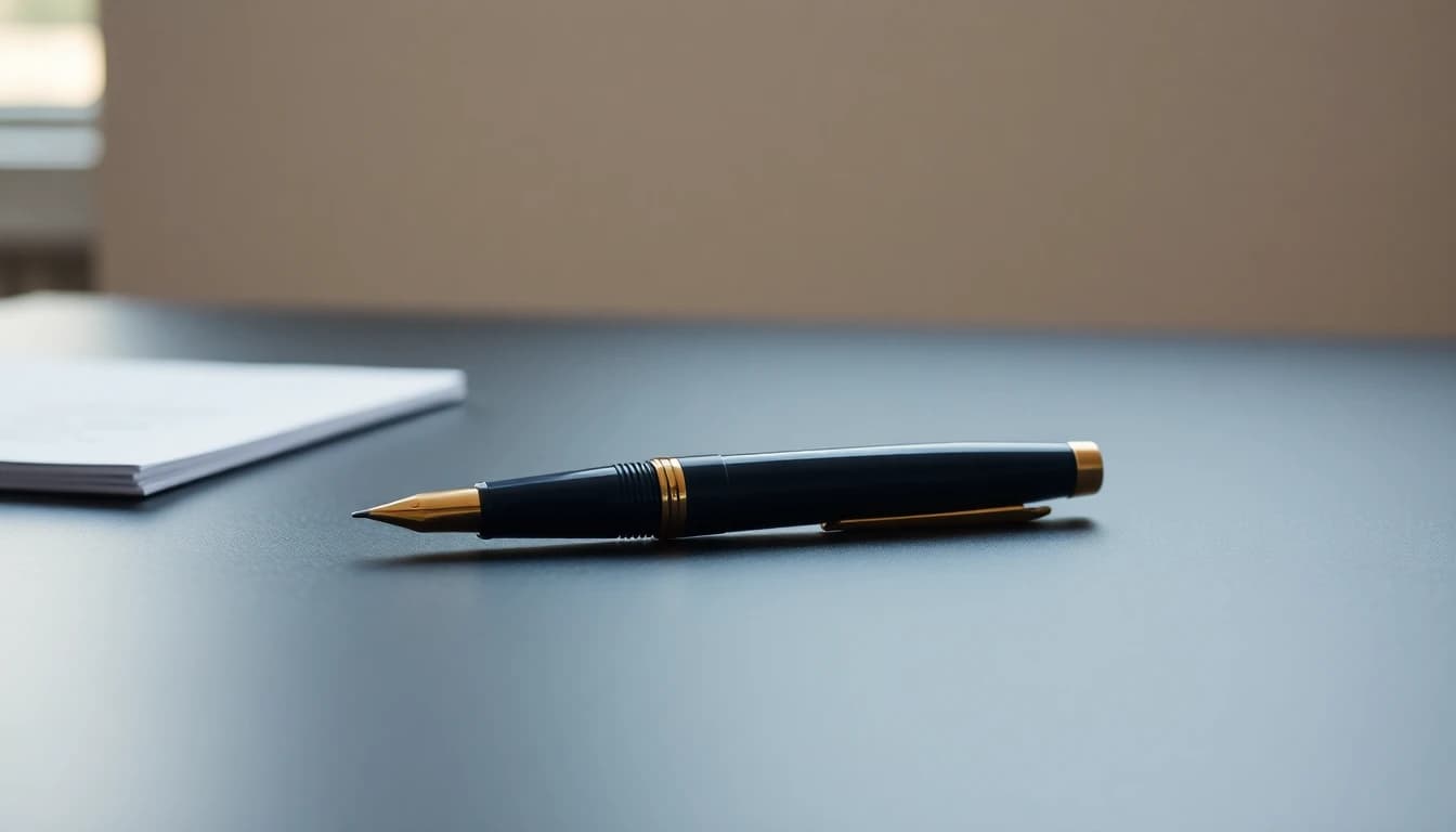 A single uncapped fountain pen lying beside its cap on a bare dark desk
