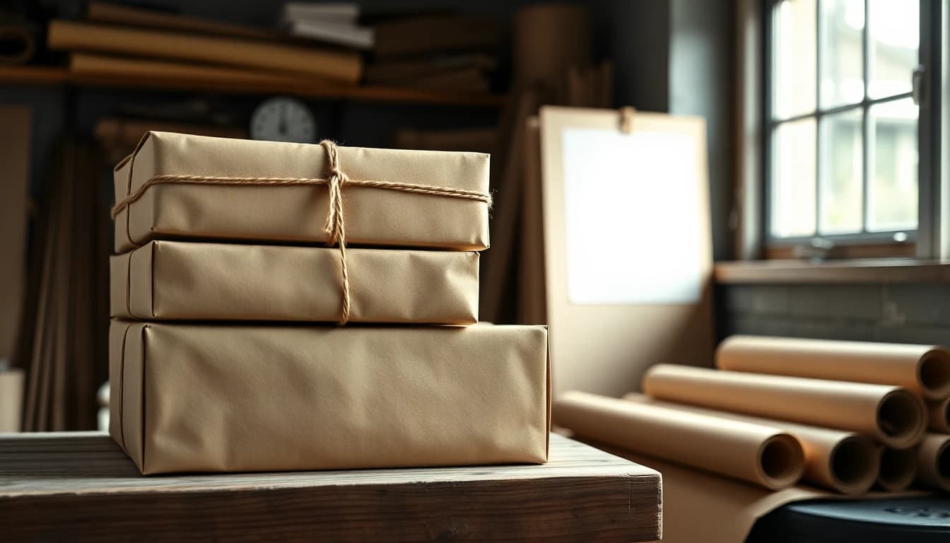 Brown paper parcels tied with twine on a wooden workbench in a small studio