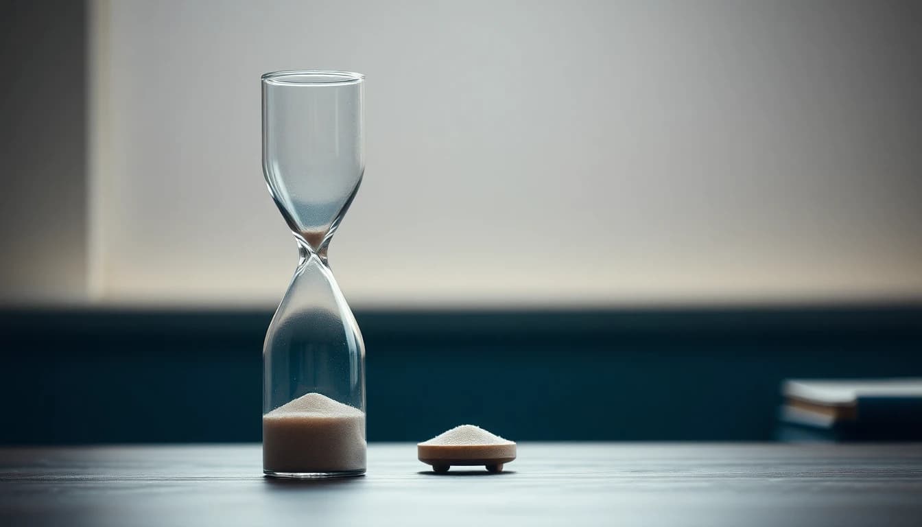Glass hourglass with most of its sand already run through, on a dark desk