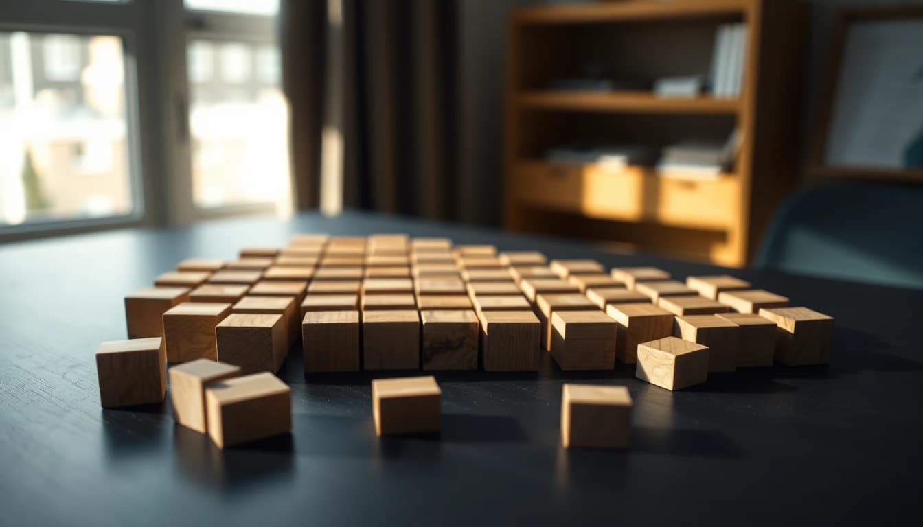 Many small wooden blocks spread across a dark desk with a few tipped over