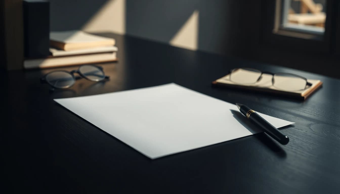 A blank sheet of paper, a pen and reading glasses on a dark wooden desk