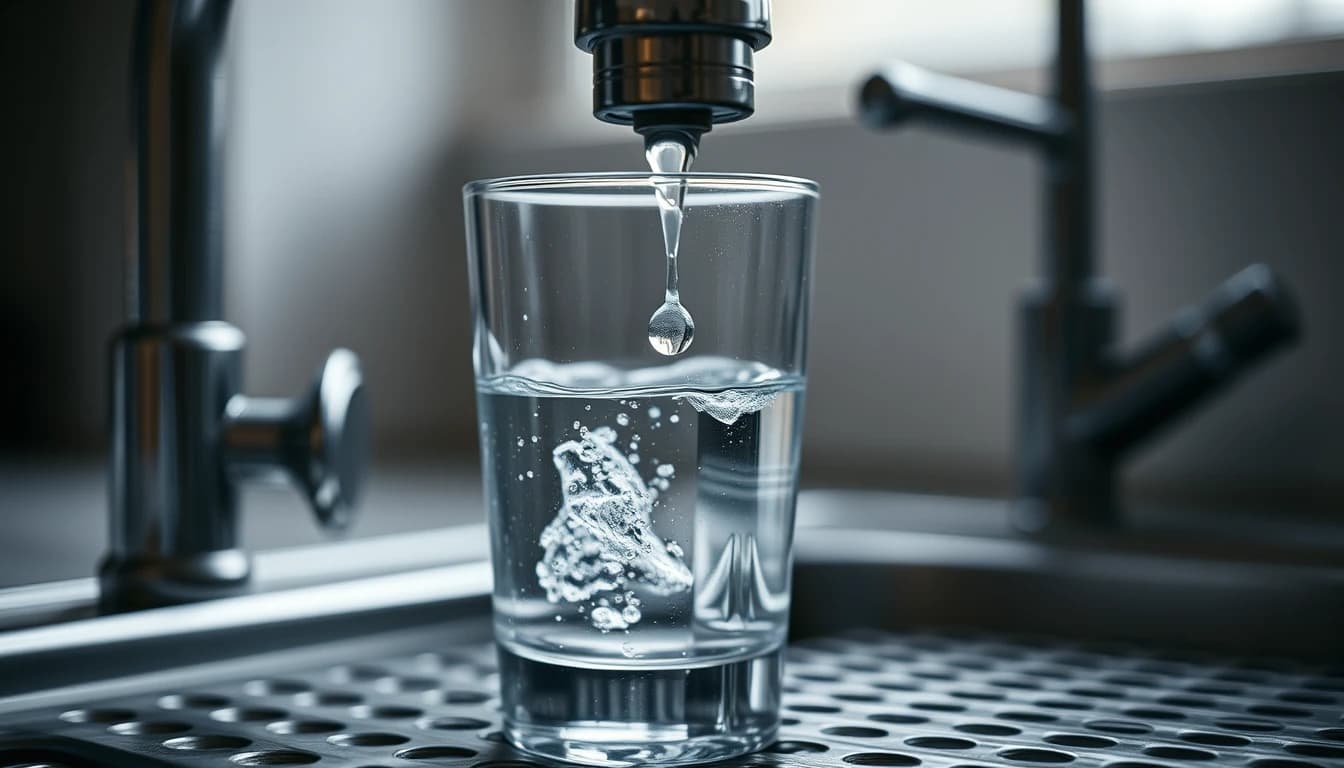 A kitchen tap dripping steadily into a full glass of water, illustrating interest accruing on tax owed across the years of a streamlined filing.