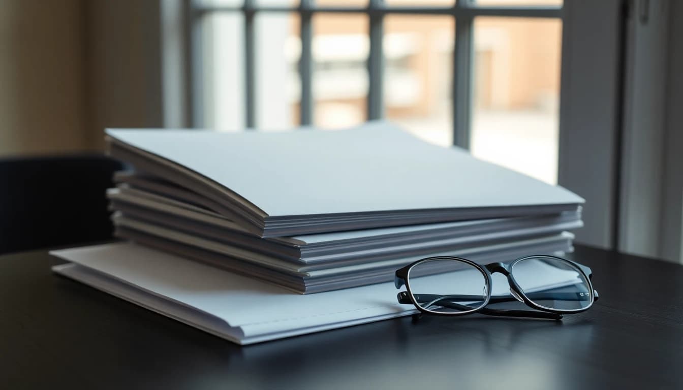 A stack of plain unmarked folders and reading glasses on a dark table by a window