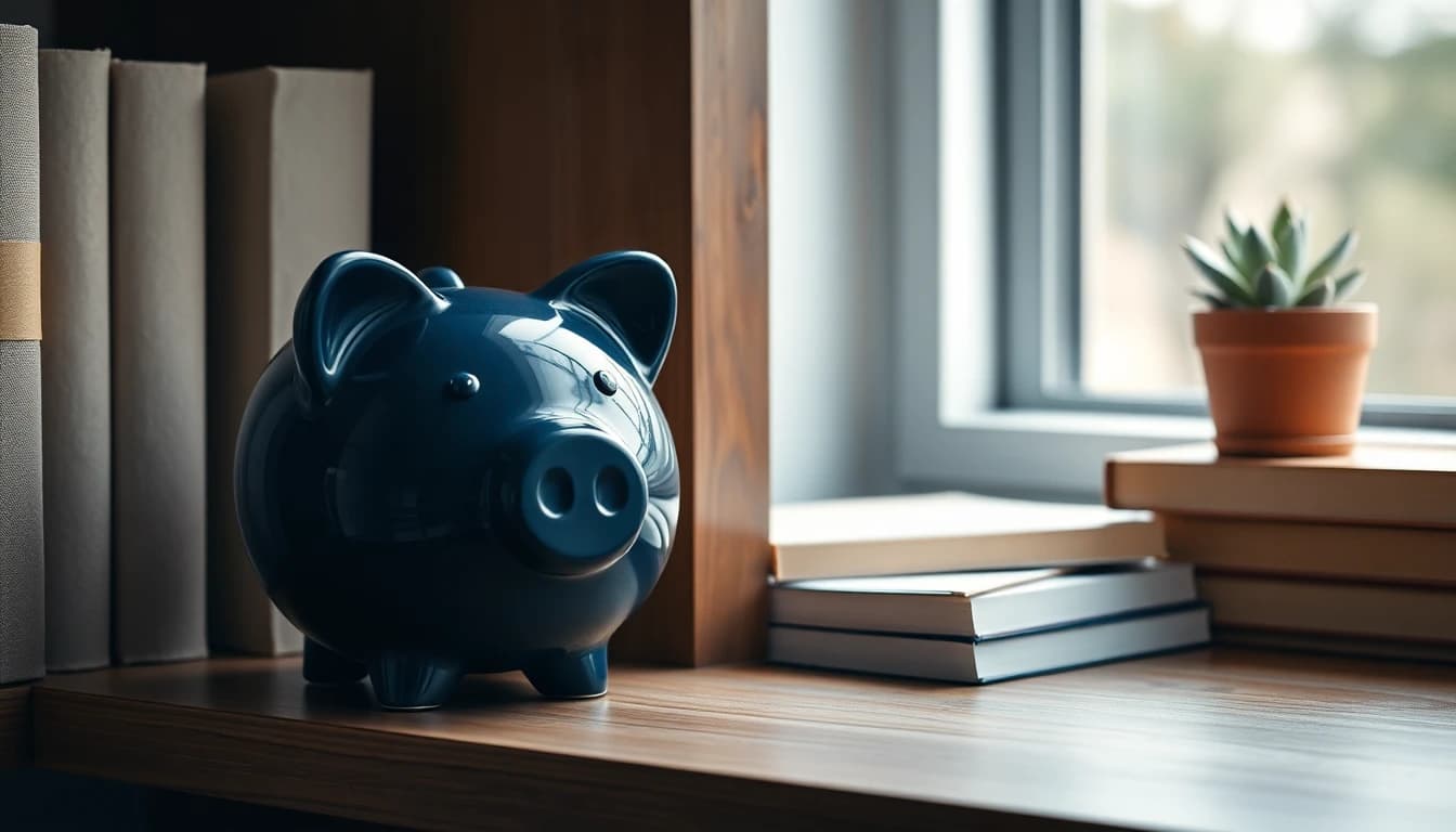A navy ceramic piggy bank on a bookshelf by a window, for a guide to Premium Bonds and US tax