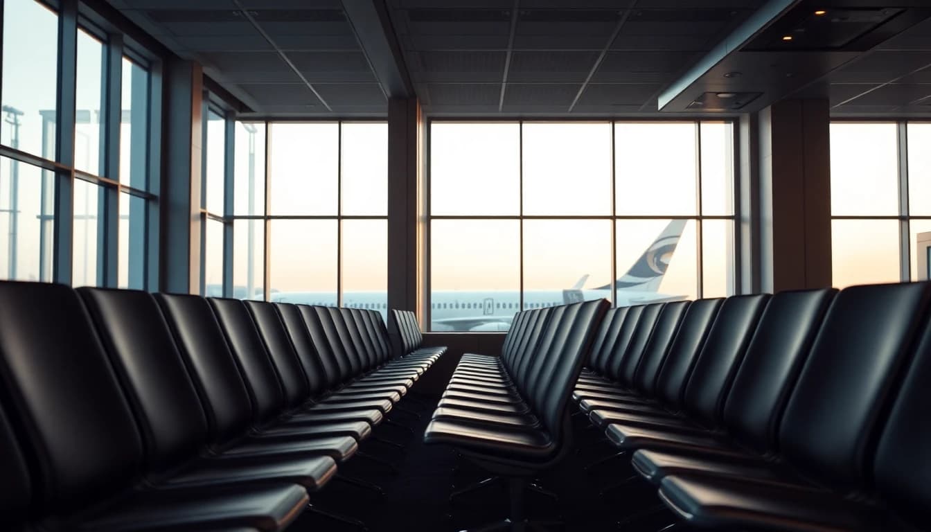 An empty airport departure gate at dawn with an aircraft visible outside