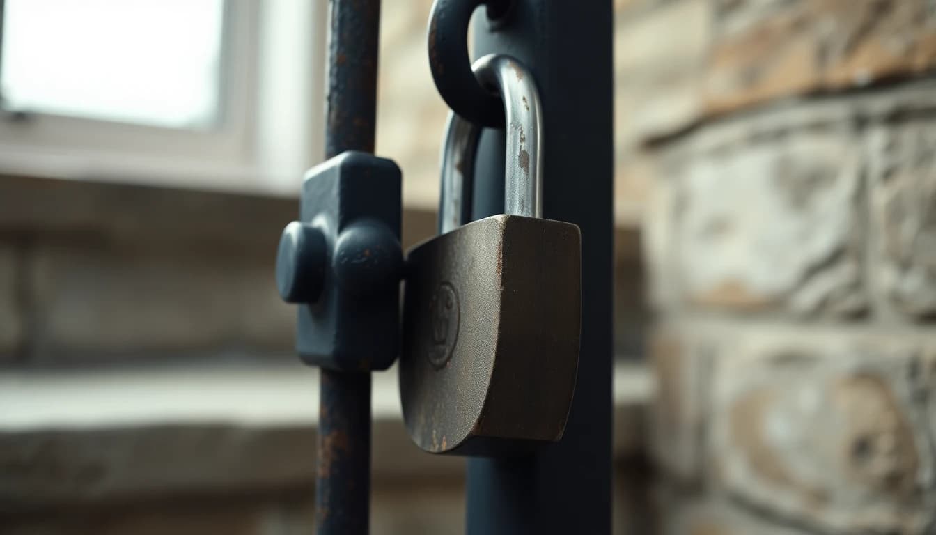 A heavy padlock hanging open on a rusted iron gate latch