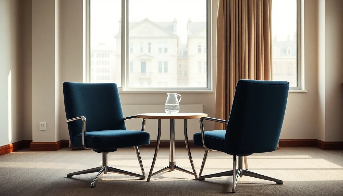 Two empty chairs facing each other across a small table in a bright meeting room