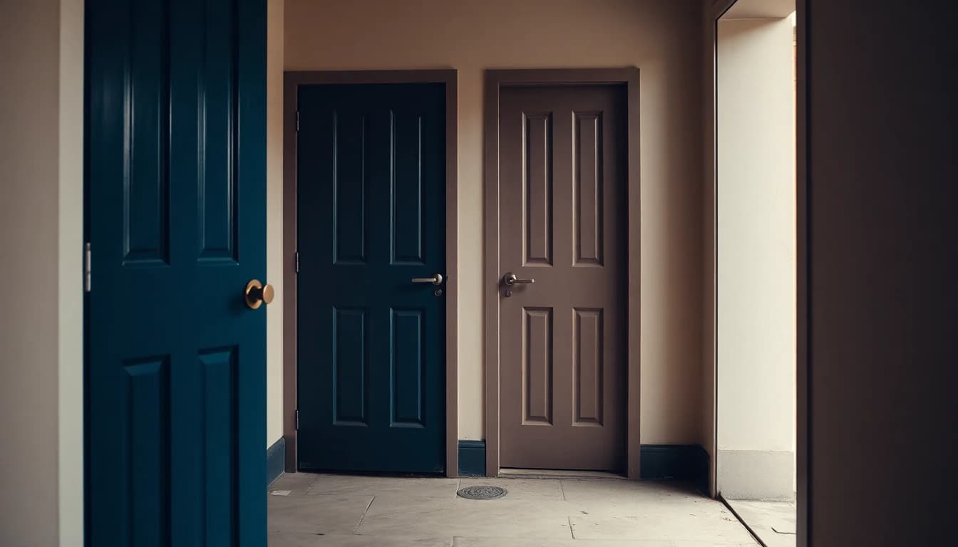 Two identical painted doors side by side in a plain corridor, one slightly ajar