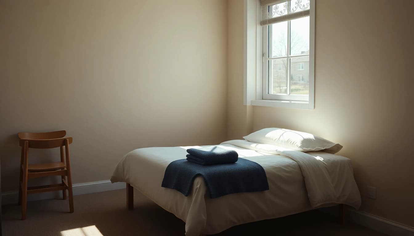 Neatly made single bed and wooden chair in a sunlit spare bedroom