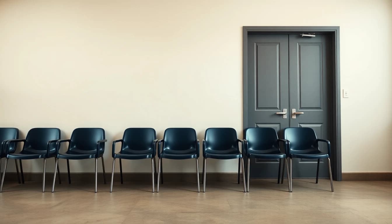 A row of empty chairs facing a closed grey door in an official waiting area