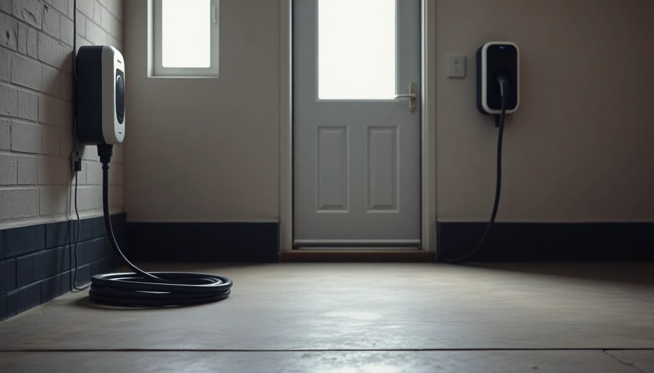 Wall-mounted electric car charge point with its cable coiled on a garage floor