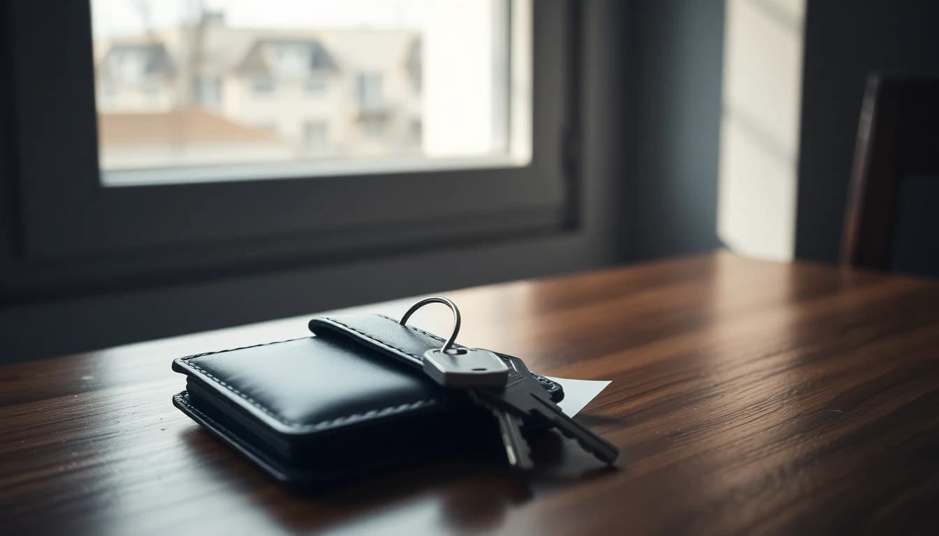A closed leather wallet and a set of keys on a wooden table by a window