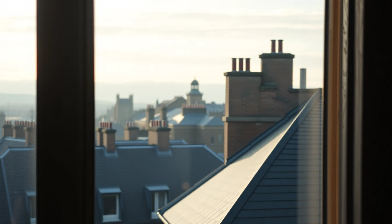 Edinburgh slate rooftops and chimney stacks in low winter light seen from a tenement window