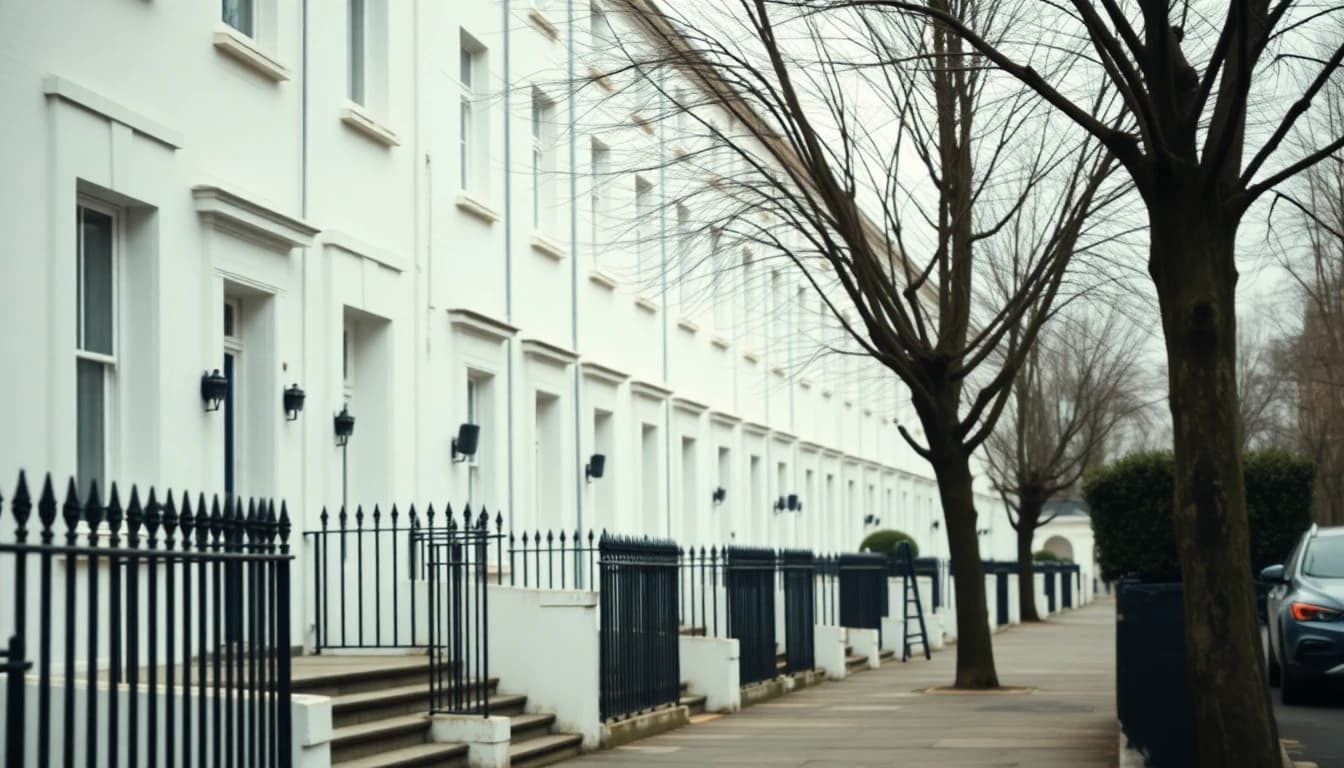 Row of white stucco London terraced houses with black iron railings on an overcast day