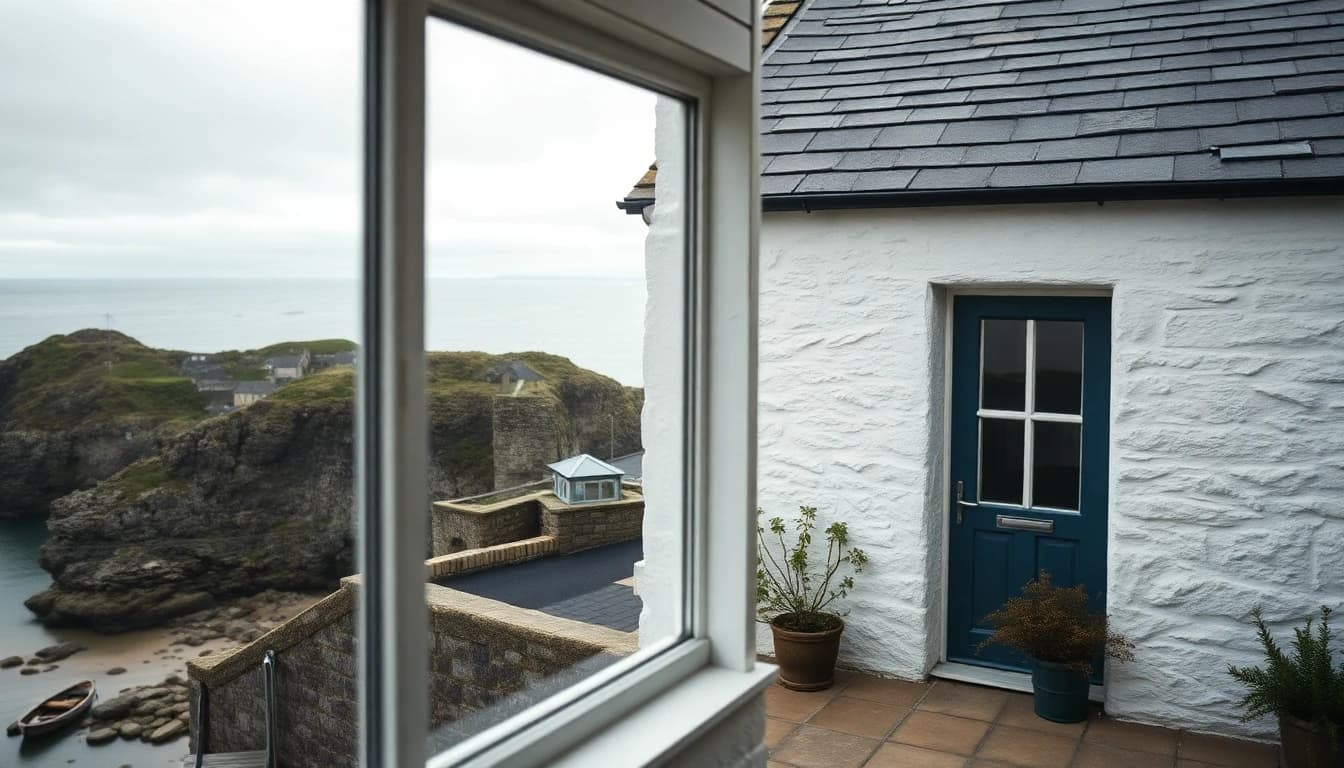 A whitewashed stone cottage with a slate roof above a Cornish cove