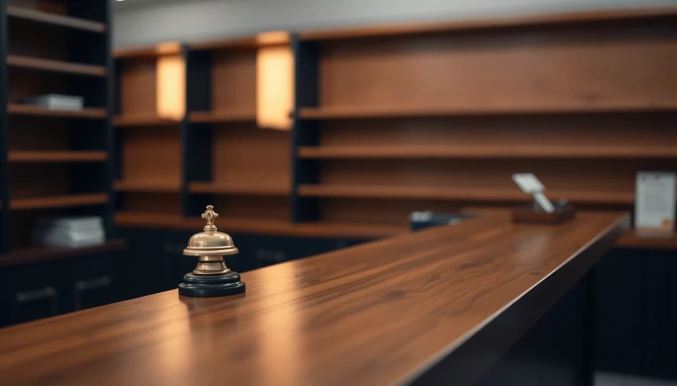 An empty shop counter with a brass bell, for a guide to selling a UK business as a US citizen