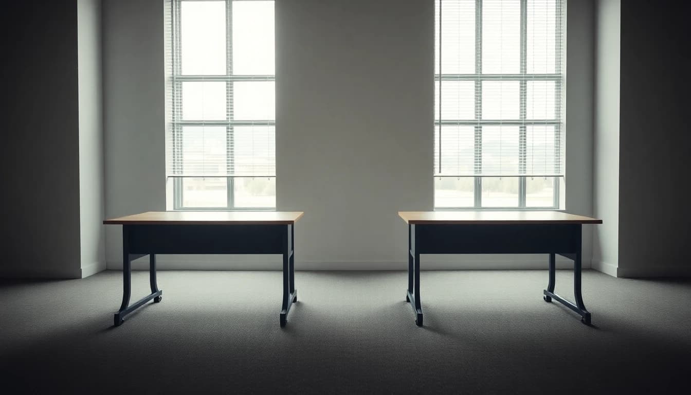 Two identical empty office desks facing each other across a quiet open-plan floor