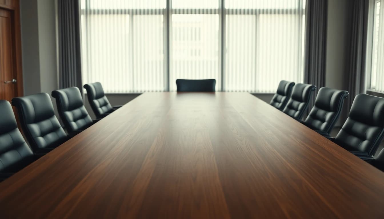 Long empty boardroom table with leather chairs and one chair turned away at the far end