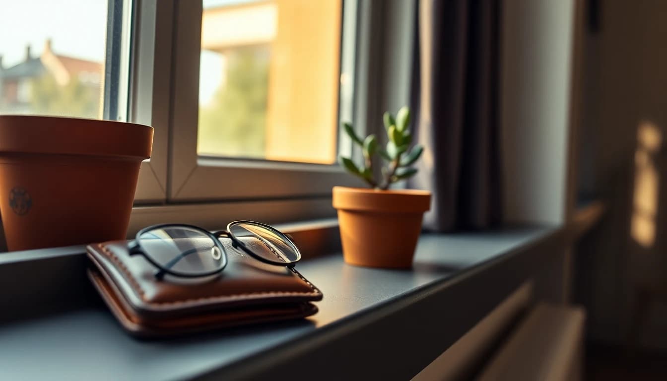 Reading glasses and a worn leather wallet on a sunlit windowsill beside a small potted plant