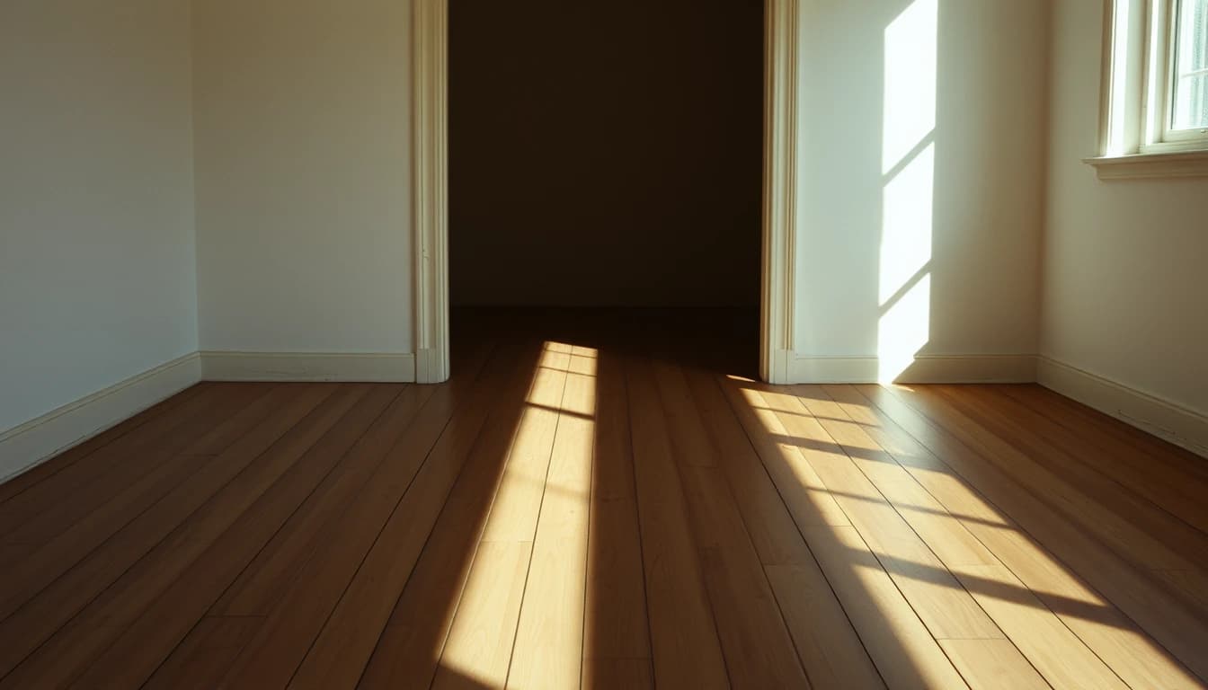 An empty room with bare floorboards cut cleanly in two by a hard edged shadow from a doorway, illustrating a UK tax year divided by split year treatment.
