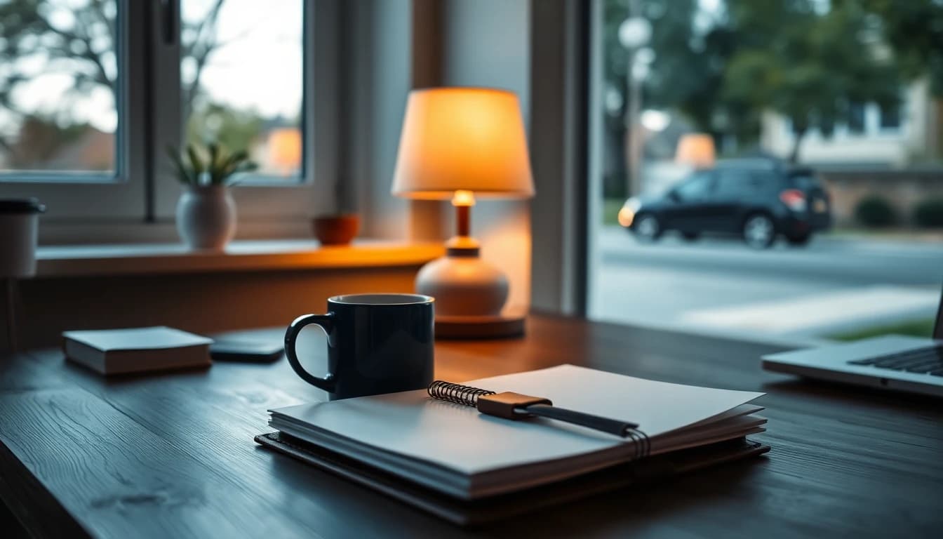 A tidy home office desk under lamplight at dusk, for a guide to the streamlined domestic offshore procedures