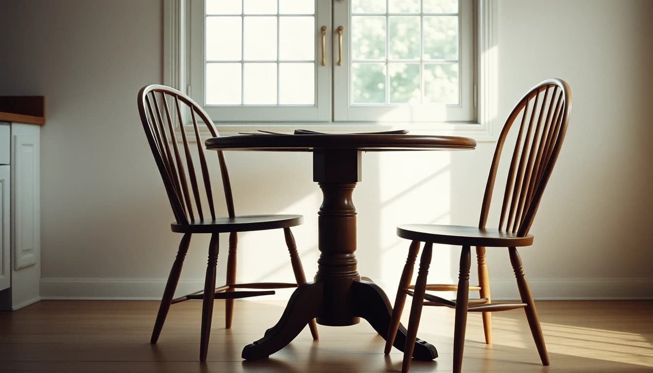 Two wooden chairs at a small kitchen table with one turned away, illustrating the decision over which spouse belongs in a streamlined filing submission.