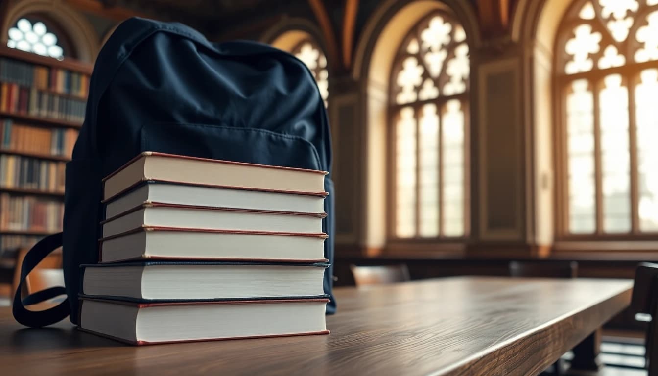 Hardback books and a backpack in an old university library, for a guide to study abroad tax rules