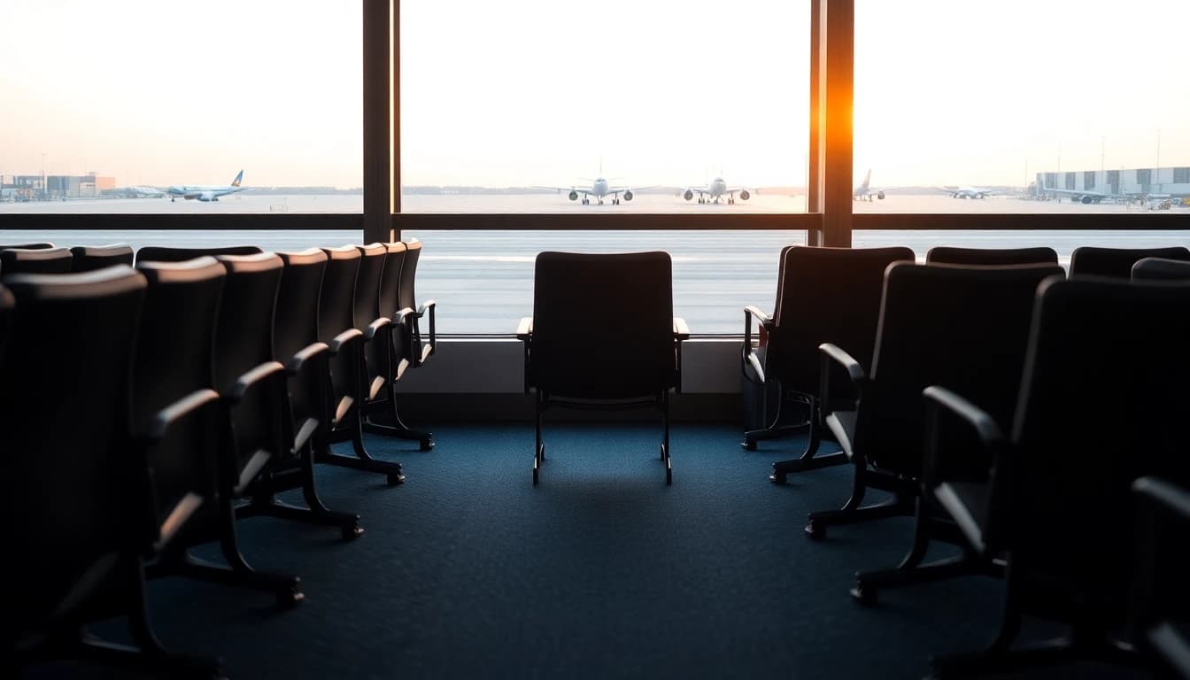 Rows of empty seats in an airport gate lounge facing a window at dawn