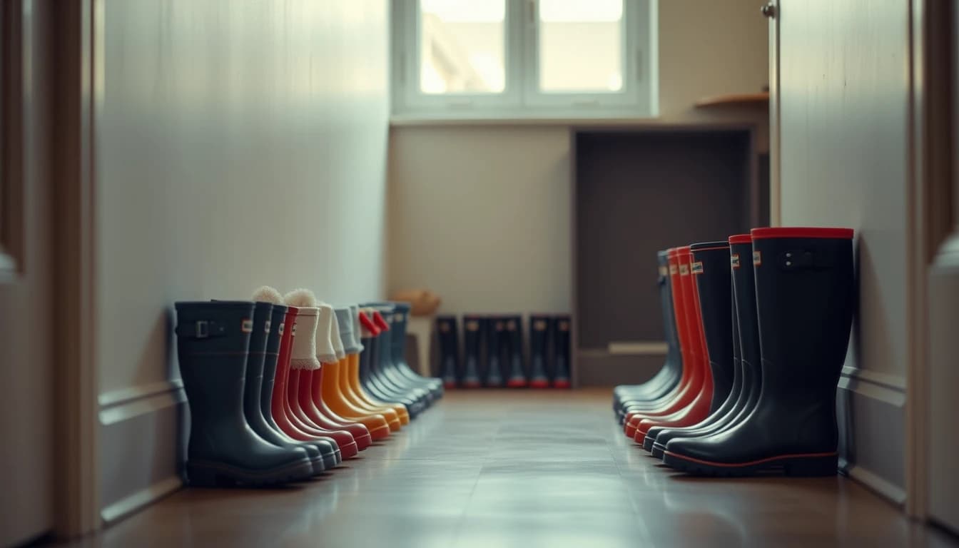 A neat row of small children's wellington boots along a nursery hallway, illustrating the UK childcare schemes and the tax free childcare account an American parent must report.