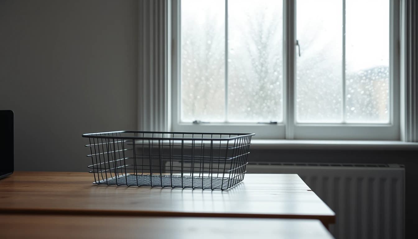 An empty wire letter tray on a bare desk beside a rain streaked British window, illustrating the long wait for an IRS tax transcript requested from abroad.