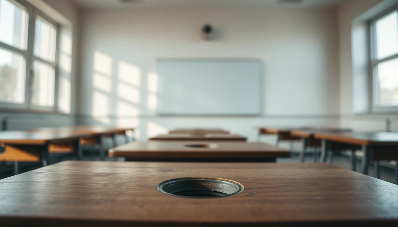 A worn wooden school desk with an empty inkwell hole in a quiet classroom, illustrating the UK teachers pension that has no fund and no balance to report in America.