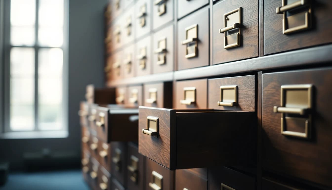 Rows of old oak filing drawers with brass handles, one drawer slightly open