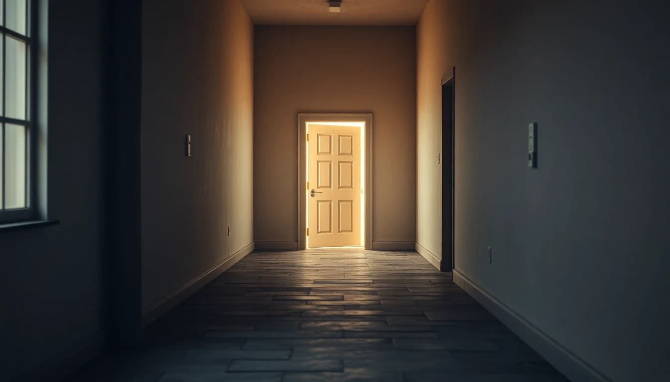 A single lit open doorway along a dark corridor where every other door is closed, illustrating the narrow exceptions the saving clause leaves open to Americans in Britain.