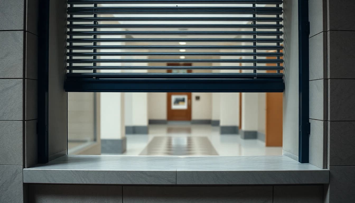 A half-lowered shutter over a marble bank counter looking into an empty branch hall, illustrating a UK bank account closure for an American customer.