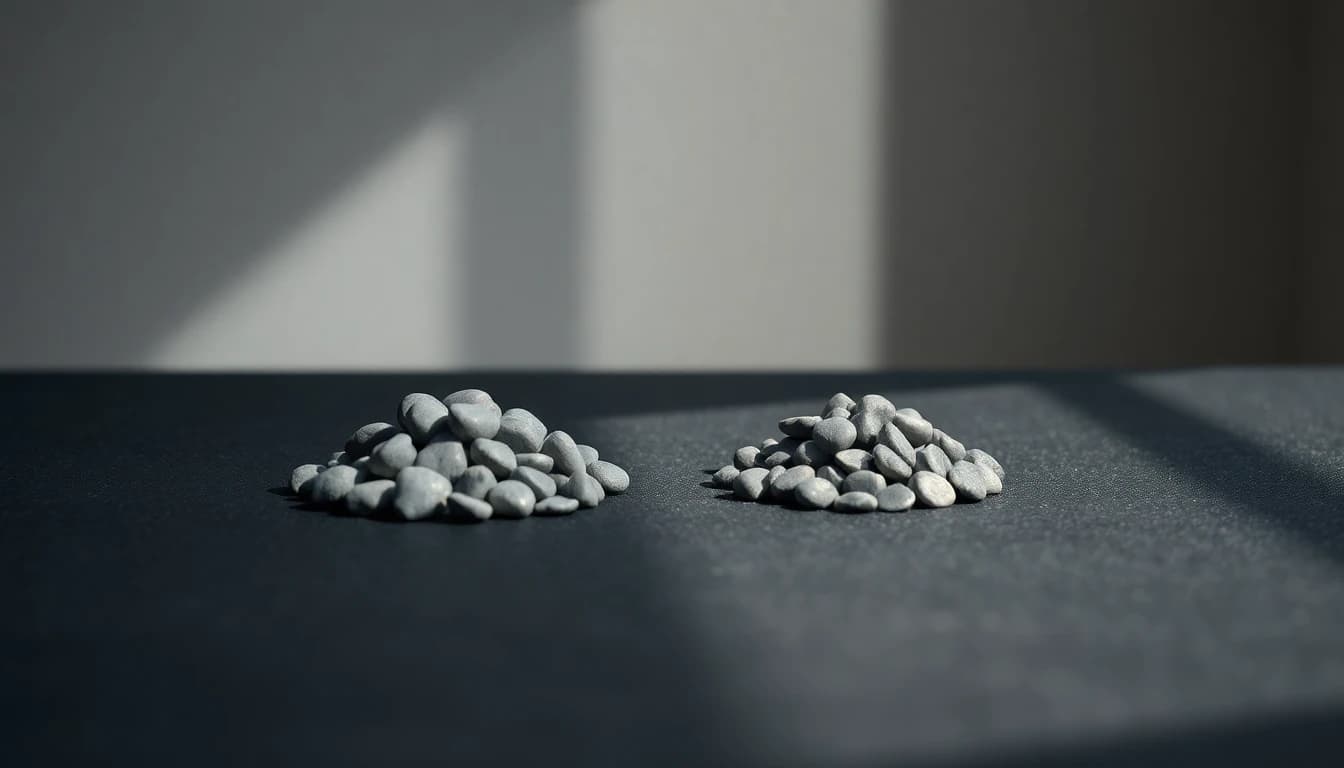 Two unequal piles of grey pebbles on a dark slate surface in raking light